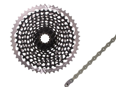 VERSCHLEISS SET 12-fach SRAM XX1 | X01 Eagle Kassette X-Dome XG-1295 10-50 Zähne schwarz + SRAM PC-1290 Kette silber