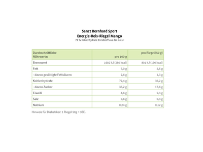 SANCT BERNHARD SPORT Energy Bar Rice Mango 50 g | 20 Bar Box