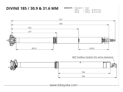 BIKEYOKE Sattelsttze DIVINE ohne Remotehebel | 185 mm 31,6 mm