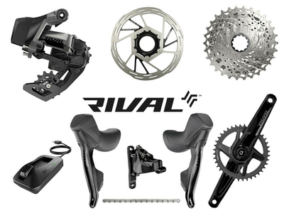 SRAM Rival 1 eTap AXS Wide Road Disc HRD Flat Mount Rennrad Gruppe 1x12 | Quarq Powermeter Kurbel | 46 Zähne 172,5 mm 10 - 36 Zähne Paceline Rotor 160 mm | Center Lock (vorn und hinten) ohne Innenlager