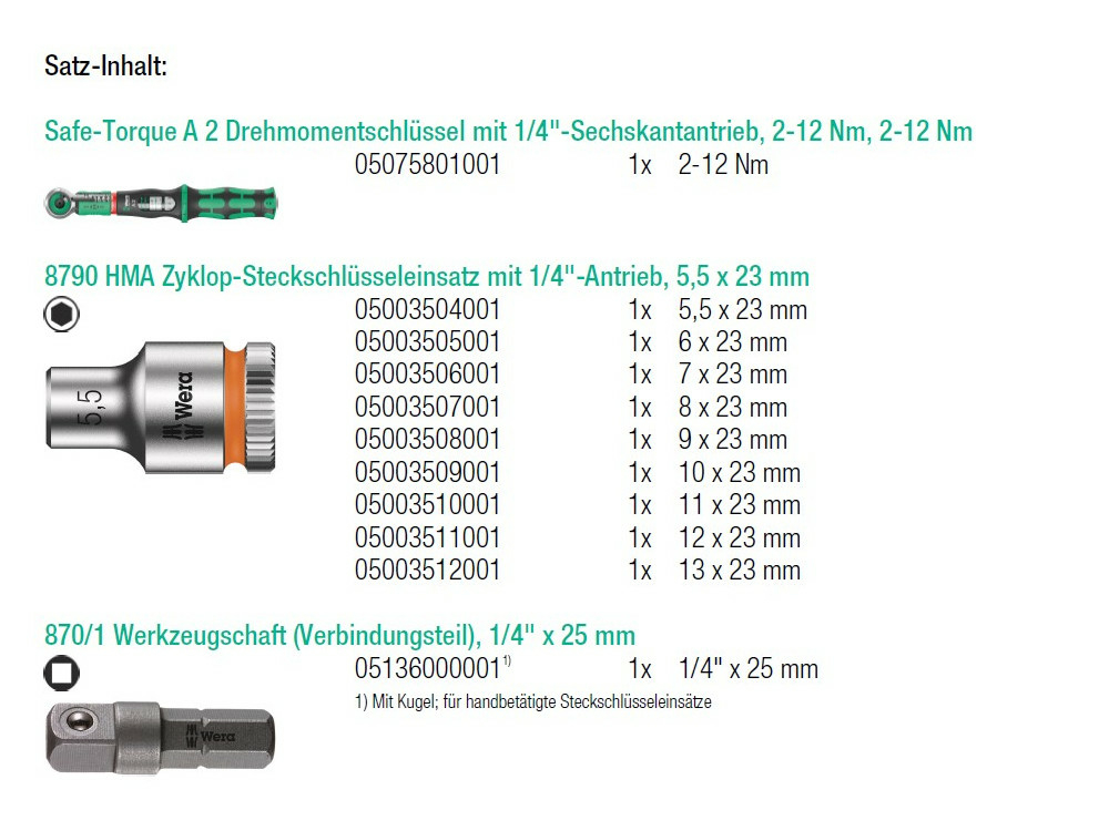 WERA Torque Wrench Set 212 Nm SafeTorque A 2 1/4" 23 pieces, 297,50