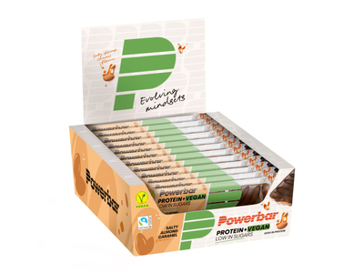 POWERBAR Proteinriegel Protein + Vegan Low Sugar Salz-Mandel-Karamell 42g | 12 Riegel Box