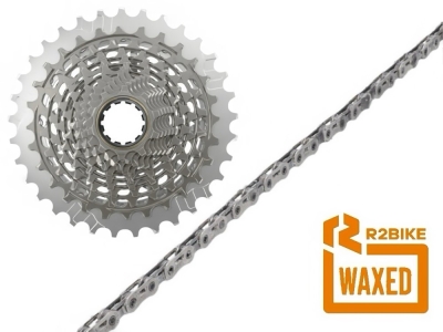 VERSCHLEISS SET 12-fach SRAM RED XG-1290 Kassette + R2BIKE pre-waxed SRAM Red Kette 12- / 13-fach | 126 Glieder | silber 10 - 28 Zähne