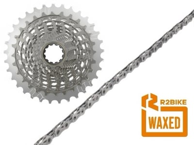 VERSCHLEISS SET 12-fach SRAM RED XG-1290 Kassette + R2BIKE pre-waxed SRAM Red Kette 12- / 13-fach | 126 Glieder | silber 10 - 33 Zähne